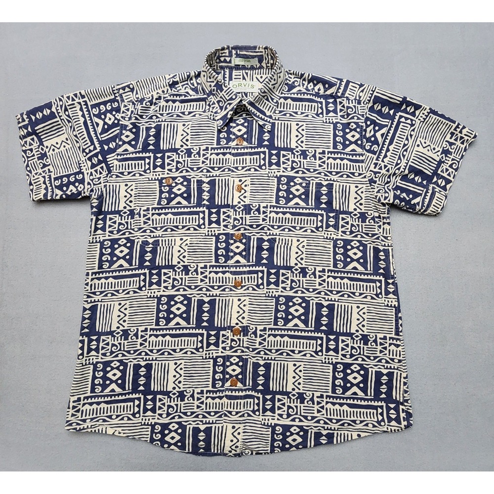 Vintage Orvis Men's L Hawaiian Camp Shirt Blue Ivory Tribal Geometric Aloha